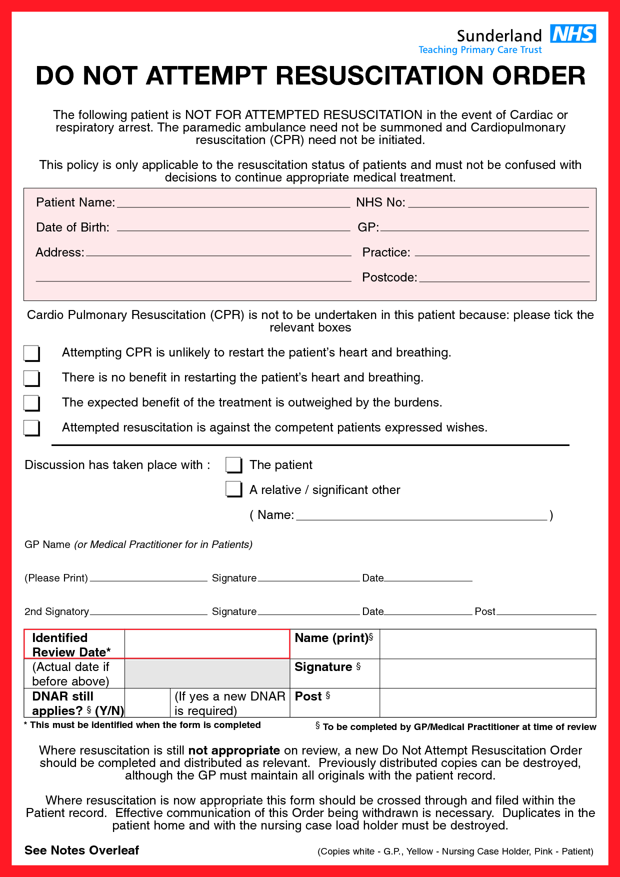 Sample Dnar Forms For Nhs Staff Consent For No Attempt At Cpr Etc